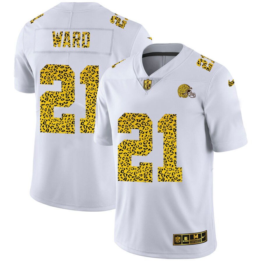 Cleveland Browns #21 Denzel Ward Men Nike Flocked Leopard Print Vapor Limited NFL Jersey White